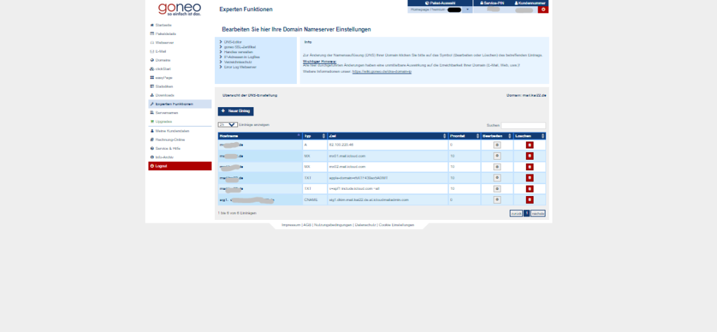 Screenshot goneo Kundencenter Domain / DNS Editor 