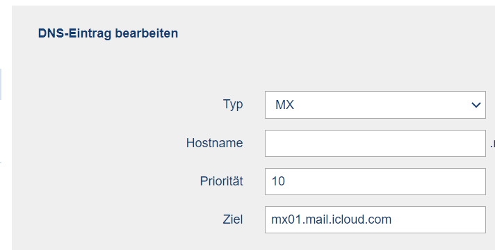 Screenshot Dialog online im Kundencenter, MX Eintrag setzen oder ändern 