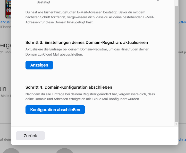 Screenshot Apple iCloud, eigene Maildomain Konfiguration abschließen 