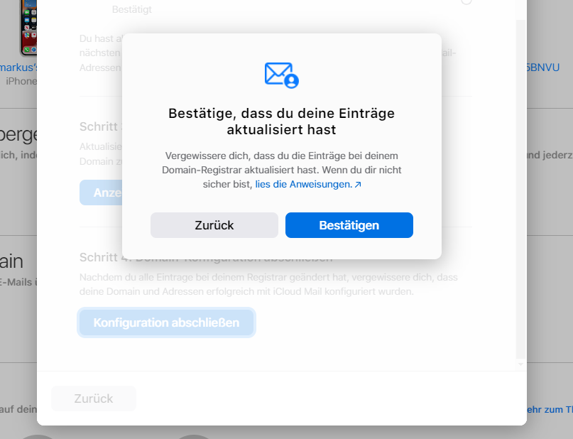 Screenshot, letzter Schritt der Bestätigung für iCloud, um die Domain zu verbinden