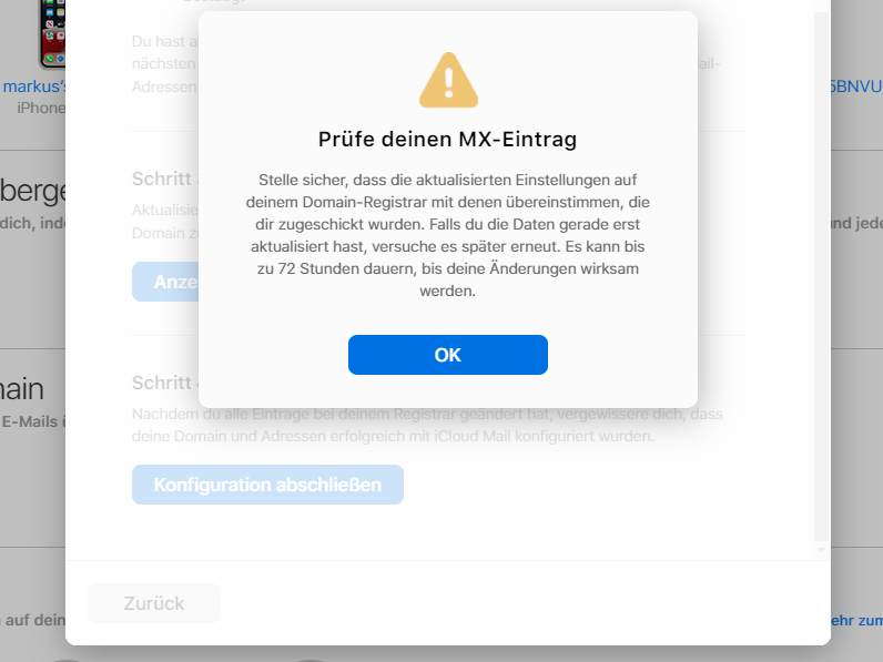 Apple checkt die Angaben im DNS und meldet Fehler wie diesen zurück. 