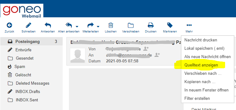 Screenshot goneo Webmail: So werden die Headerdaten sichtbar. Das hilft, Spam als solchen zu identifizieren