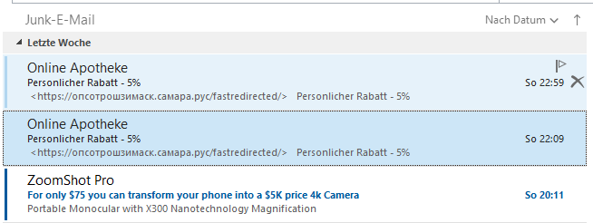Spam-Ordner ; Screenshot Microsoft Outlook, identisches friendly-from 