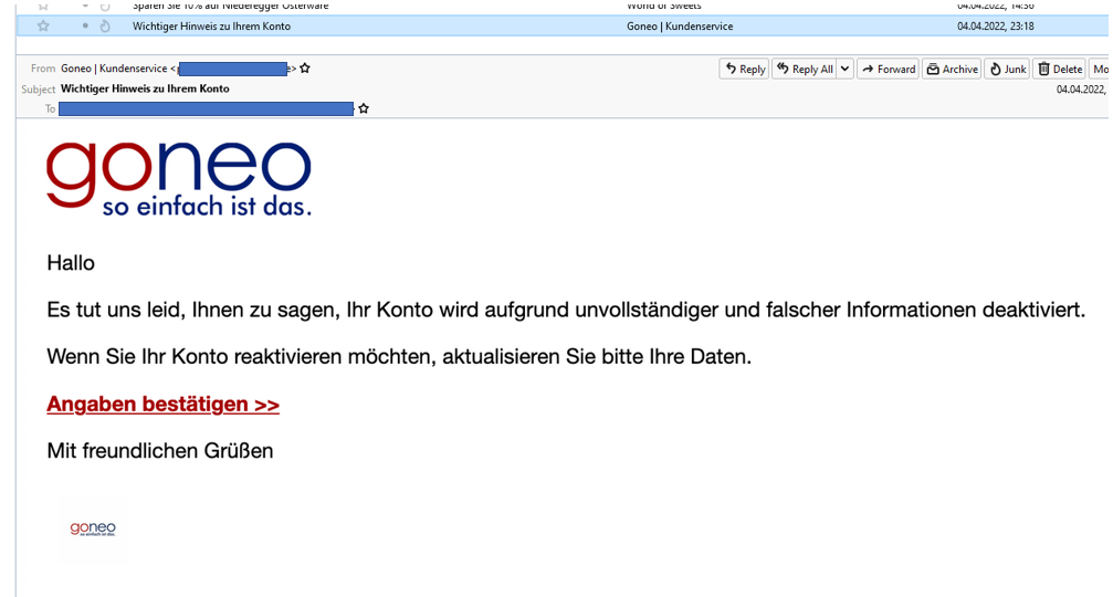 Screenshot einer Phishing Mail