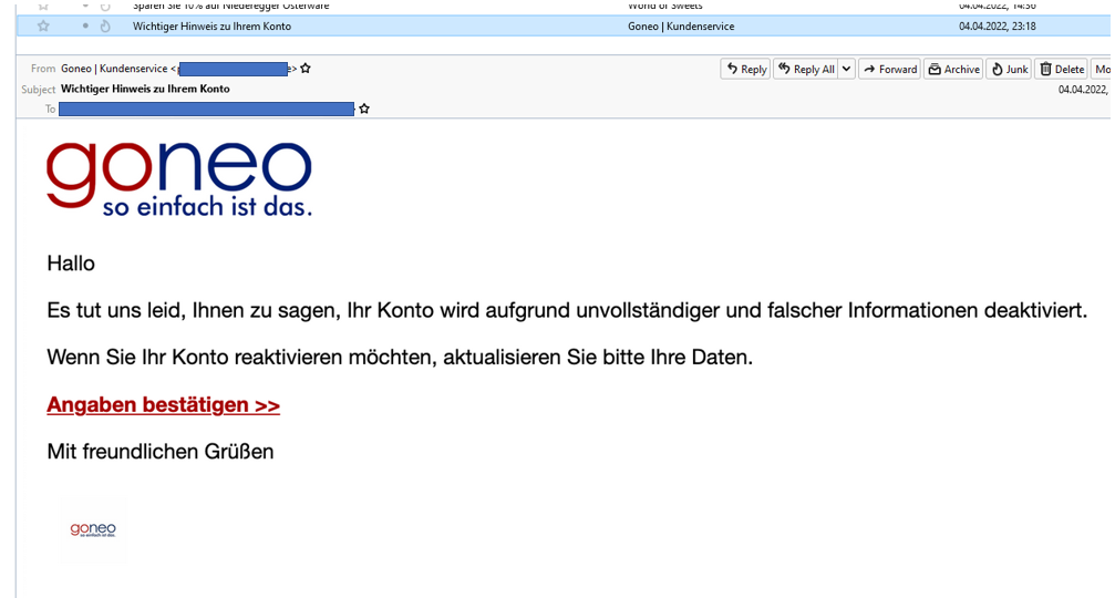 Screenshot einer Phishing Mail 