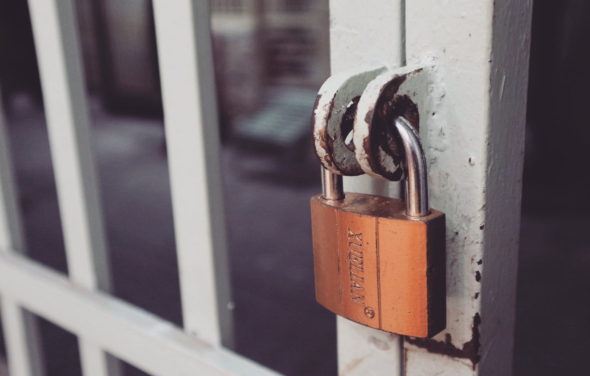 closeup photography of white gate with brass colored padlock