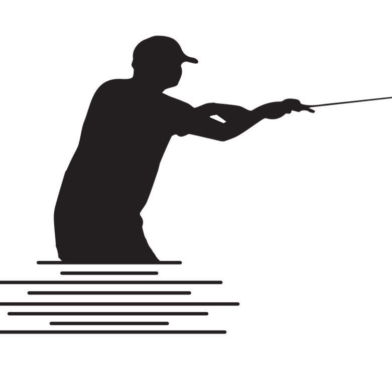phishing Symbolbild: EIn Angler, dr im Wasser steht und mit einer Angel fischt. 