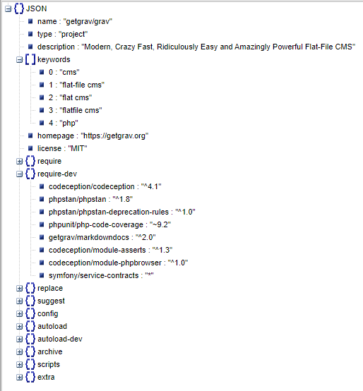 JSON Viewer mit Composer-Informationen. 