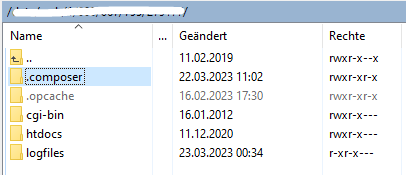 WINSCP Ansicht Webroot mit den Verzeichnissen .composer, cgi-bin, htdocs und logfiles 