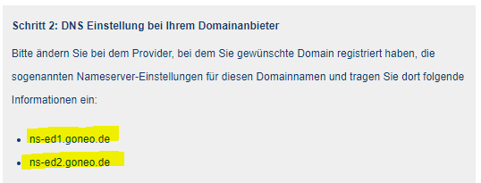 goneo Kundencenter: Hier erfährst du die Nameserverangaben, die du für eine externe Domain bei deinem Domain-Provider angeben musst. 