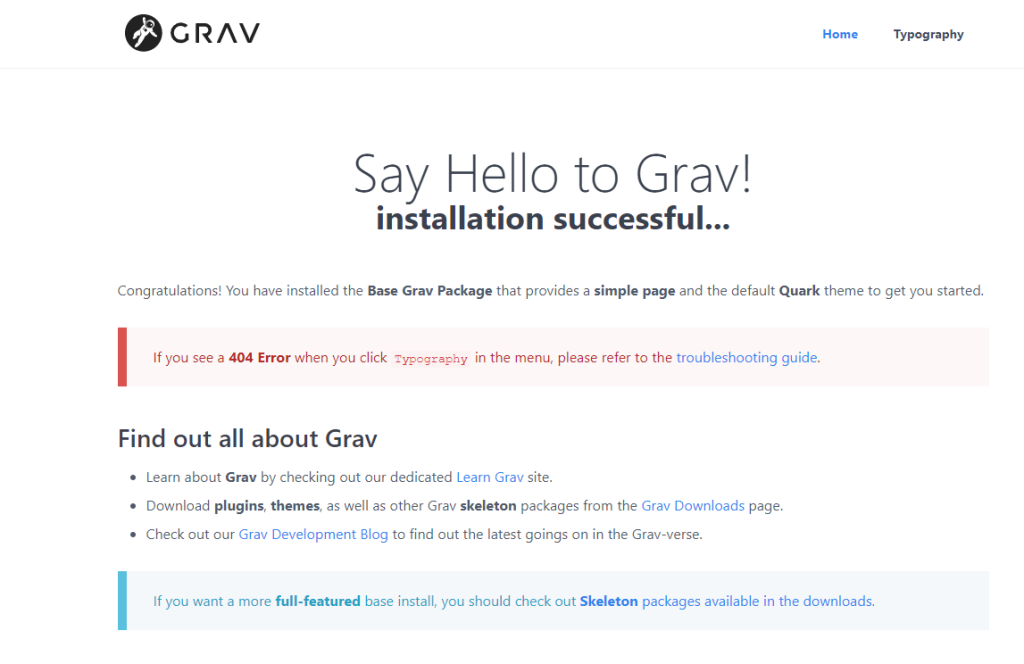 Grav Content Management System Startseite 