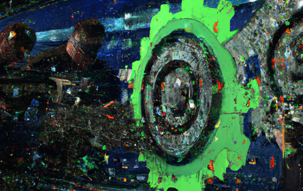 DALL·E 2023-05-23 - workers repair holes in a futuristic machine made of digital code fragments