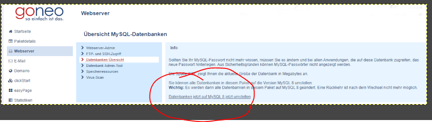 MySQL Version umschalten in goneo Kundencenter (Menüpunkt Webserver > Datenbank-Übersicht). 