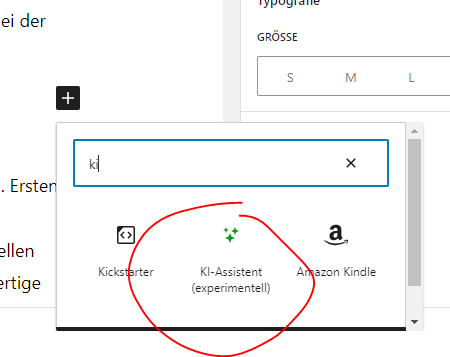 Screenshot aus WordPress Gutenberg, KI Assistent. 