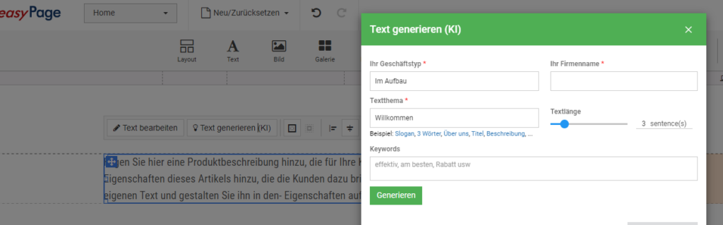 easypage Textgenerierung mit KI von Chat GPT (Open AI)