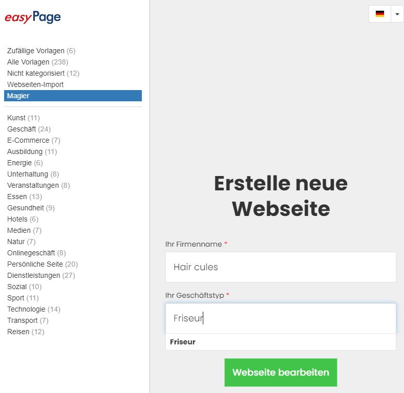 Homepagebaukasten mit KI von goneo, Screenshot easyPage Start. Markiert ist der Menüpunkt Magier