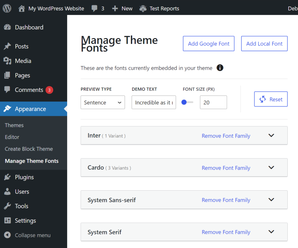 Theme Font Management im WordPress 6.5 Dashboard 