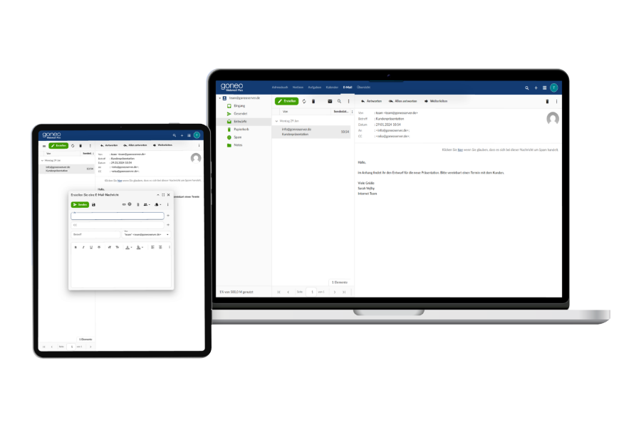 Screenshot E-Mail-Übersicht und Einzelansicht im Webmail Plus von goneo 