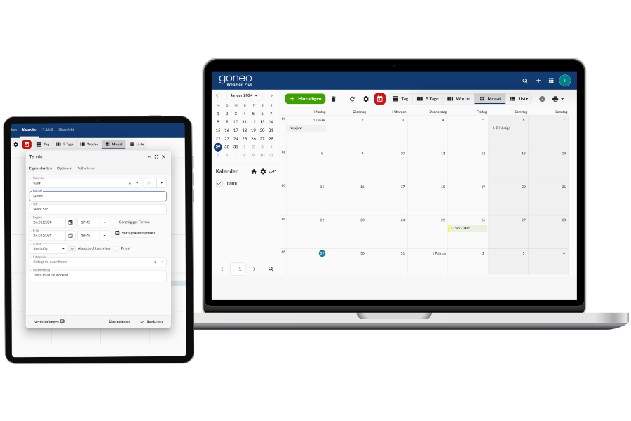Screenshot von Webmail Plus mit der Darstellung zweier Bildschirmgrößen (Notebookansicht und Tabletansicht) in der Kategorie Termine und Kalender). 