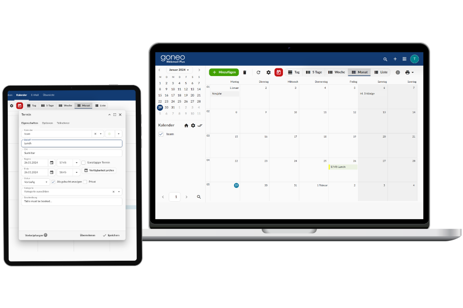 Screenshot Webmail Plus von goneo mit Kalenderview , zwei Bildschirmgrößen im Vergleich 