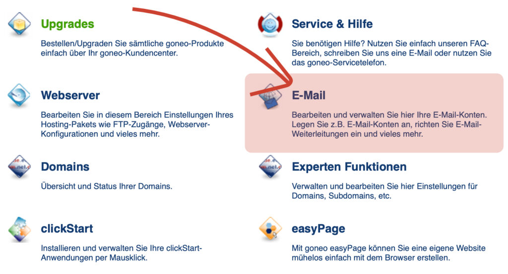 Screenshot goneo-Kundencenter. Sektion EMail ist markiert. Ein Pfeil zeigt darauf, um zu signailsieren, dass hinter diesem Menüpunkt die E-Mail Einstellungen zugänglich sind. 