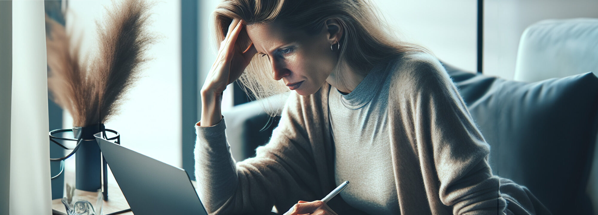 DALL E3 prompt: a picture with someone, nordish-caucasian female person, sitting in homeoffice enjoying work, working with email, smartphone on the desk, ipad on a side table, photo realistic, perspective is toal view into the room.