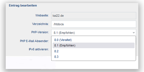 Screenshot goneo-Kundencenter zur Änderung der PHP-Version mit der Auswahl PHP 8.0, 8.1, 8.2, 8.3 (neu)