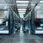 Zwei Servertechniker in einem Rechenzentrum arbeiten an Servern. Fotorealistisch, 35mm DALL E 3