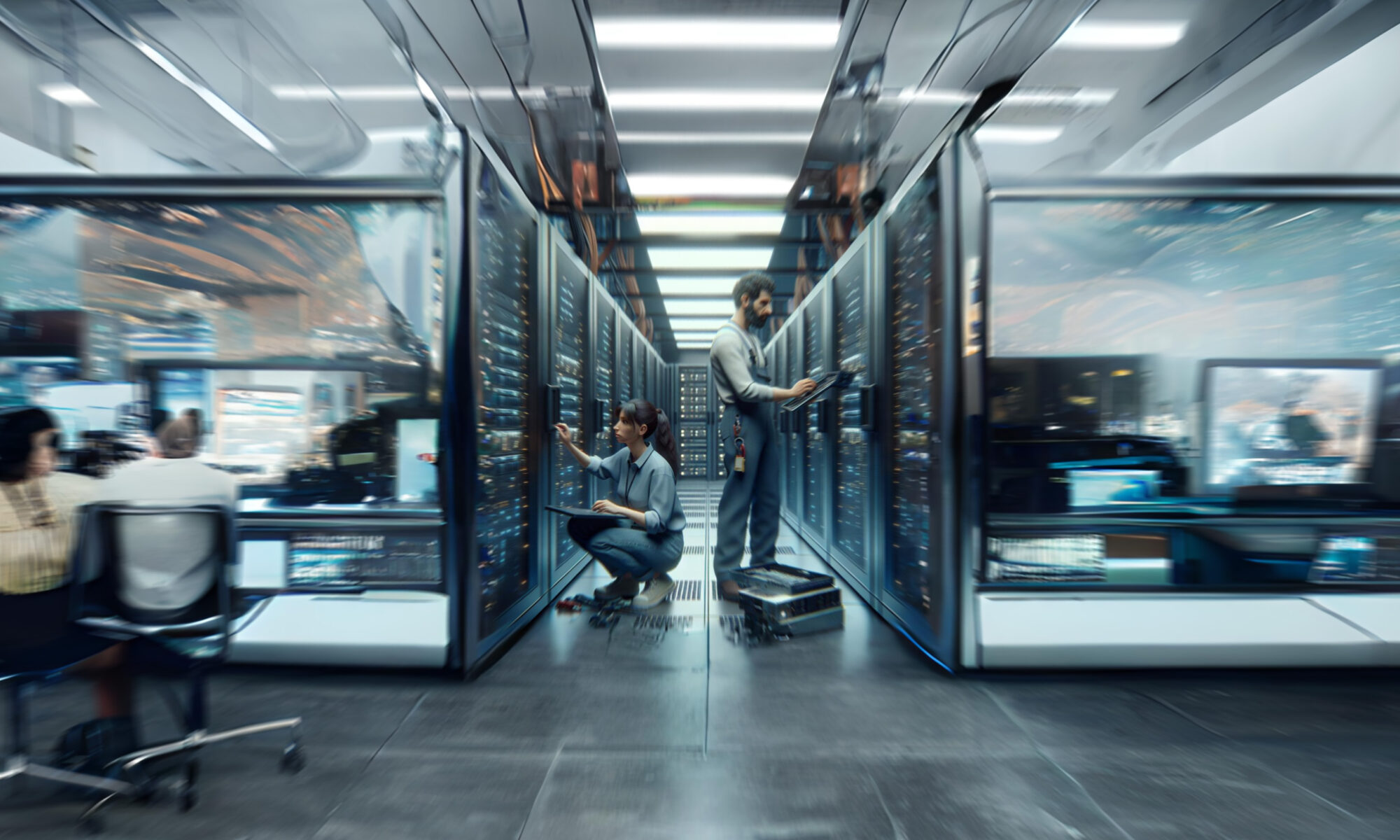 Zwei Servertechniker in einem Rechenzentrum arbeiten an Servern. Fotorealistisch, 35mm DALL E 3