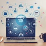 Ein moderner Schreibtisch mit einem Laptop, auf dessen Bildschirm verschiedene Icons wie ein Einkaufswagen, ein Blog-Symbol, ein Dollarzeichen und ein Buch (für Online-Kurse) zu sehen sind. Auf dem Schreibtisch sind auch Notizbücher, ein Stift und eine Tasse Kaffee platziert. Im Hintergrund ist ein Whiteboard mit einer Skizze oder Mindmap, die verschiedene Monetarisierungsstrategien darstellt.