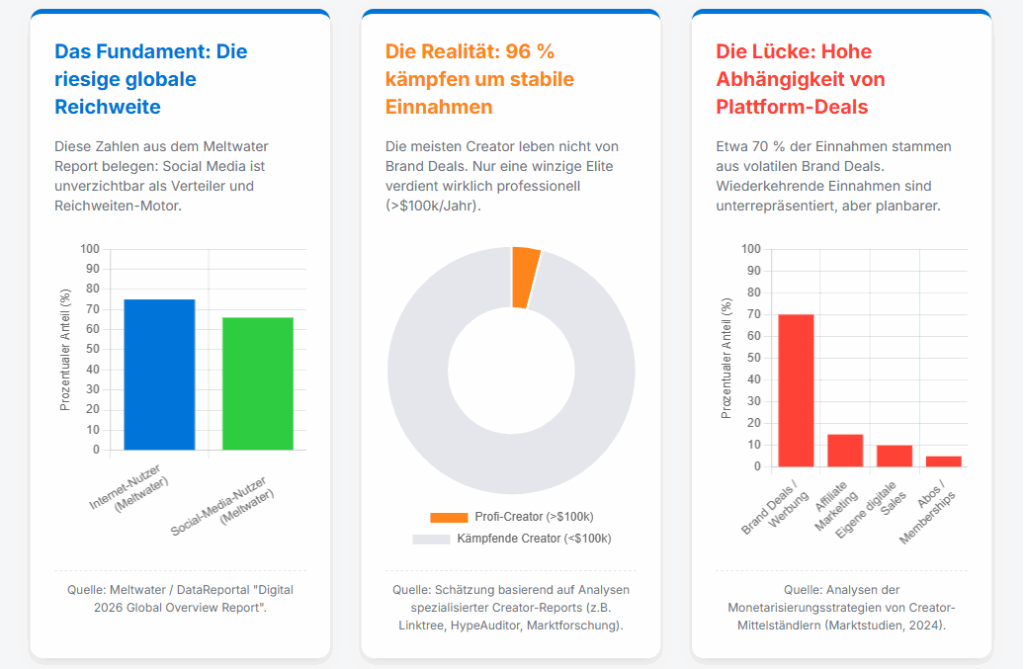 Statistiken und grafische Darstellung der Aussagen zum Thema Geld verdienen mit einer Website.  "Das Fundament: Die riesige Reichweite", Die Realität: 96 % kämpfen um stabile Einnahmen
Die meisten Creator leben nicht von Brand Deals. Nur eine winzige Elite verdient wirklich professionell (>$100k/Jahr). Quelle: Meltwater / DataReportal "Digital 2026 Global Overview Report".
Quelle: Schätzung basierend auf Analysen spezialisierter Creator-Reports (z.B. Linktree, HypeAuditor, Marktforschung).
Die Lücke: Hohe Abhängigkeit von Plattform-Deals
Etwa 70 % der Einnahmen stammen aus volatilen Brand Deals. Wiederkehrende Einnahmen sind unterrepräsentiert, aber planbarer.