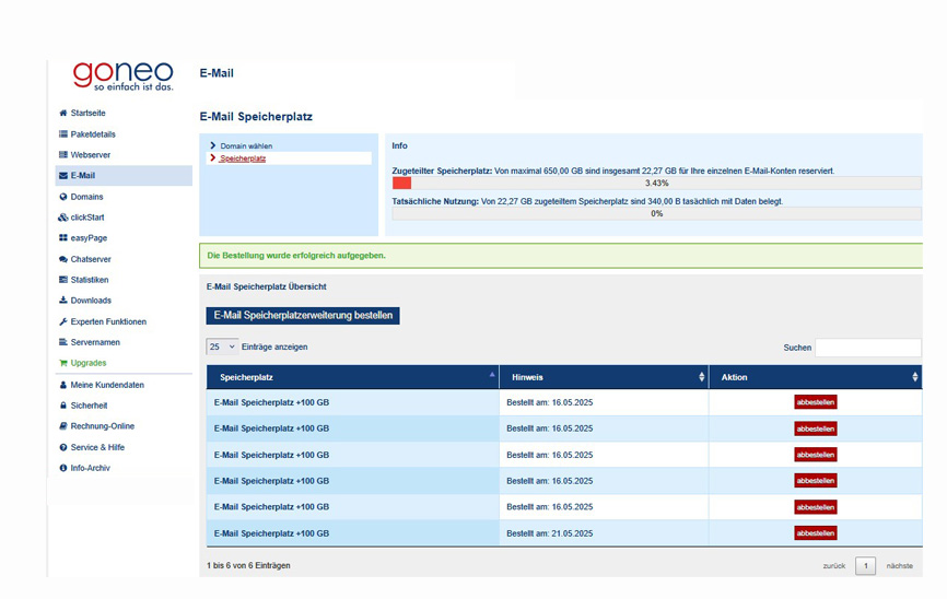 goneo Kundencenter Ansicht E-mail Speicherplatz