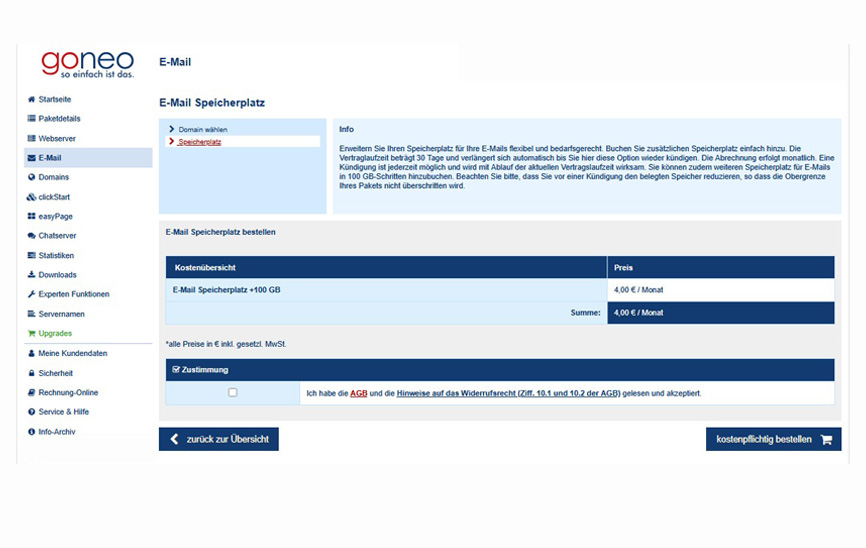 E-Mail Speicher dynamsich in Einheiten von 100GB dazu bestellen