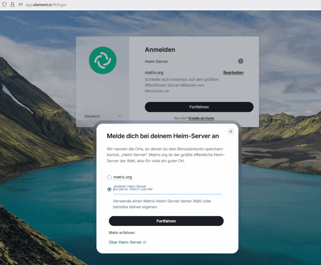 Screenshot der Web-App Loginseite von element.io unter https://app.element.io/#/login