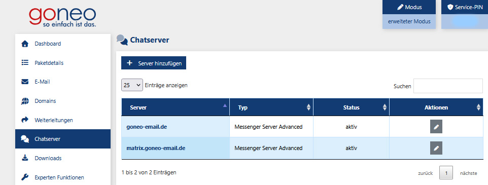 Screenshot aus dem goneo-Kundencenter, Menüpunkt Chatserver. In diesem Beispiel sind zwei unabhängige Chatserver eingerichtet.