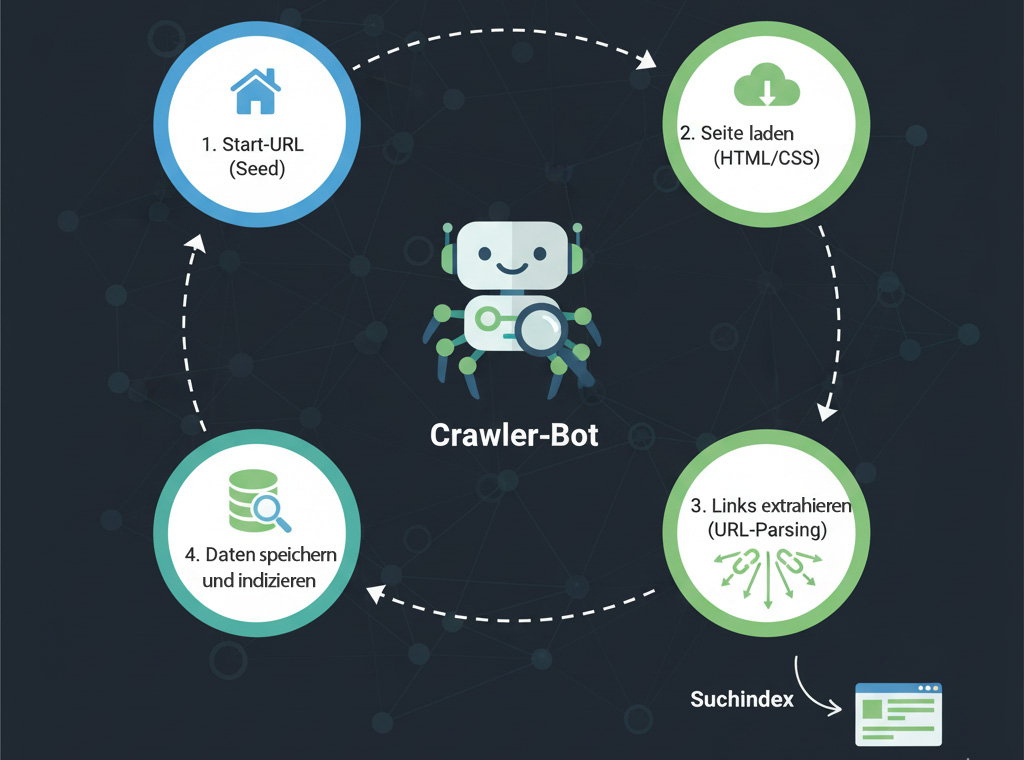 so funktionieren Crawler: sie starten auf einer gegebenen URL, laden den HTML Code und extrahieren alle Links, die Daten werden gespeichert. Damit ist das Webdokument im Suchindex. Die gefundenen Links werden nacheinander besucht und der Kreislauf beginnt von vorne. 