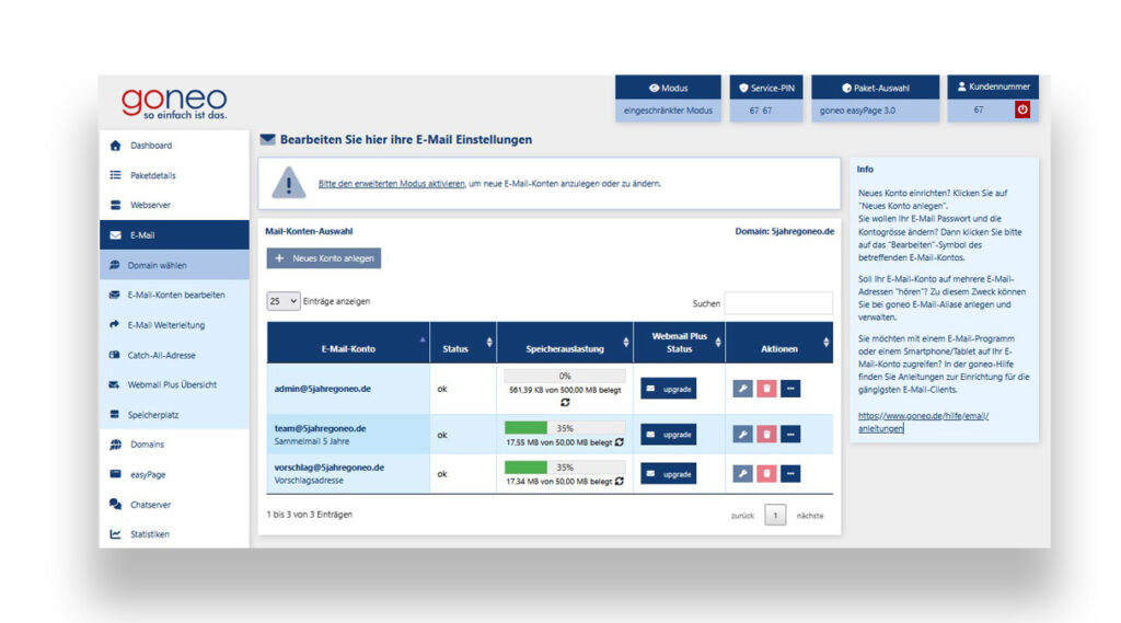 goneo Kundencenter Screenshot Einstellungen mit Infobox rechts