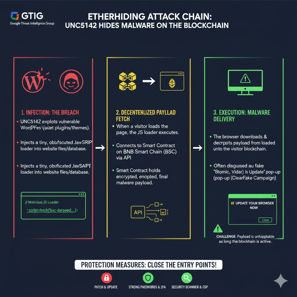 Infografik, die den EtherHiding-Angriff von UNC5142 darstellt. Der Prozess ist in drei Spalten unterteilt: 1. Infektion (WordPress-Exploit), 2. Dezentraler Payload-Abruf (von Smart Contract auf BNB Smart Chain über API), 3. Ausführung (Malware-Download als gefälschtes Browser-Update). Unten sind Schutzmaßnahmen wie Patching, starke Passwörter und Sicherheits-Scanner abgebildet