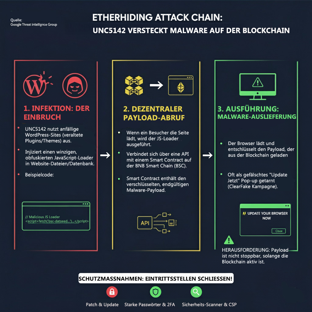 ETHERHIDING ANGRIFFSKETTE: UNC5142 VERSTECKT MALWARE AUF DER BLOCKCHAIN

1: INFEKTION: DER EINBRUCH
UNC5142 nutzt anfällige WordPress-Sites (veraltete Plugins/Themes) aus.

Injiziert einen winzigen, obfuskierten JavaScript-Loader in Website-Dateien/Datenbank.

Beispielcode: // Malicious JS Loader <script>fetch('bsc-datseed...')...</script>

2: DEZENTRALER PAYLOAD-ABRUF

Wenn ein Besucher die Seite lädt, wird der JS-Loader ausgeführt.

Verbindet sich über eine API mit einem Smart Contract auf der BNB Smart Chain (BSC).

Smart Contract enthält den verschlüsselten, endgültigen Malware-Payload.

3: AUSFÜHRUNG: MALWARE-AUSLIEFERUNG

Der Browser lädt und entschlüsselt den Payload, der aus der Blockchain geladen wurde.

Oft als gefälschtes "Update Jetzt" Pop-up getarnt (ClearFake Kampagne).

HERAUSFORDERUNG: Payload ist nicht stoppbar, solange die Blockchain aktiv ist.

SCHUTZMASSNAHMEN: DIE EINTRITTSSTELLEN SCHLIESSEN!
- Patch & Update
- Starke Passwörter & 2FA
- Sicherheits-Scanner & CSP