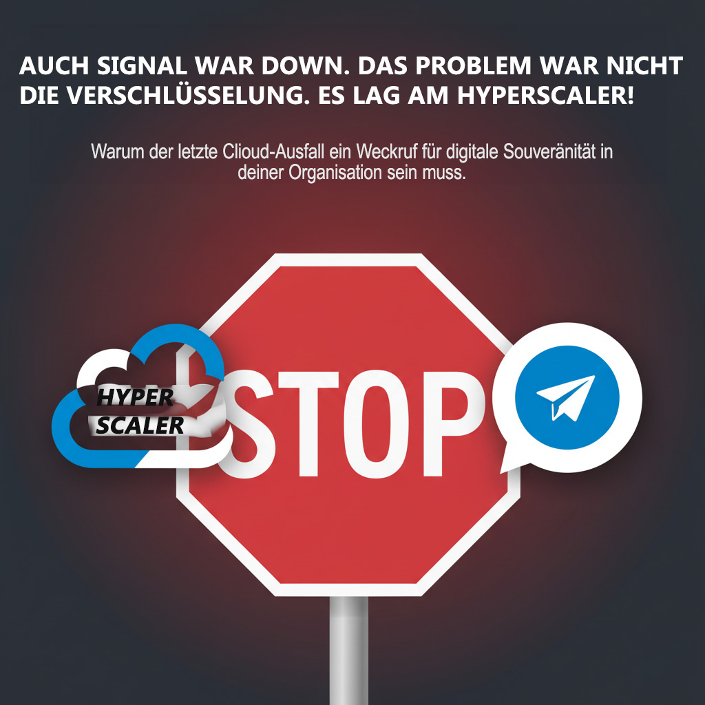 Der Beweis kam live: Signal war DOWN. Das Problem war NICHT die Verschlüsselung. Es lag am Hyperscaler! Wir müssen dieser Abhängigkeit STOP sagen. Das muss der Wake-up Call für digitale Souveränität in deiner Organisation sein. Es geht um strategische Autonomie, nicht nur um Encryption.