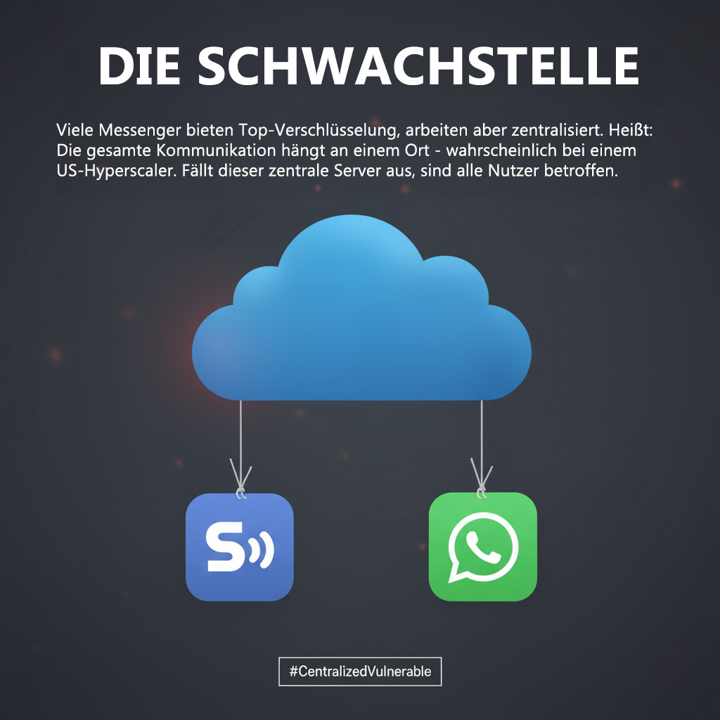 Die Schwachstelle ist nicht die Verschlüsselung. Selbst Top-Messenger wie Signal bieten Ende-zu-Ende-Verschlüsselung, aber sie arbeiten zentralisiert. Das heißt: Die gesamte Kommunikation hängt an einem Ort – wahrscheinlich bei einem US-Hyperscaler. Fällt dieser zentrale Server aus, sind alle Nutzer betroffen. Echt frustrierend, wenn selbst die "sicheren" Optionen plötzlich weg sind.