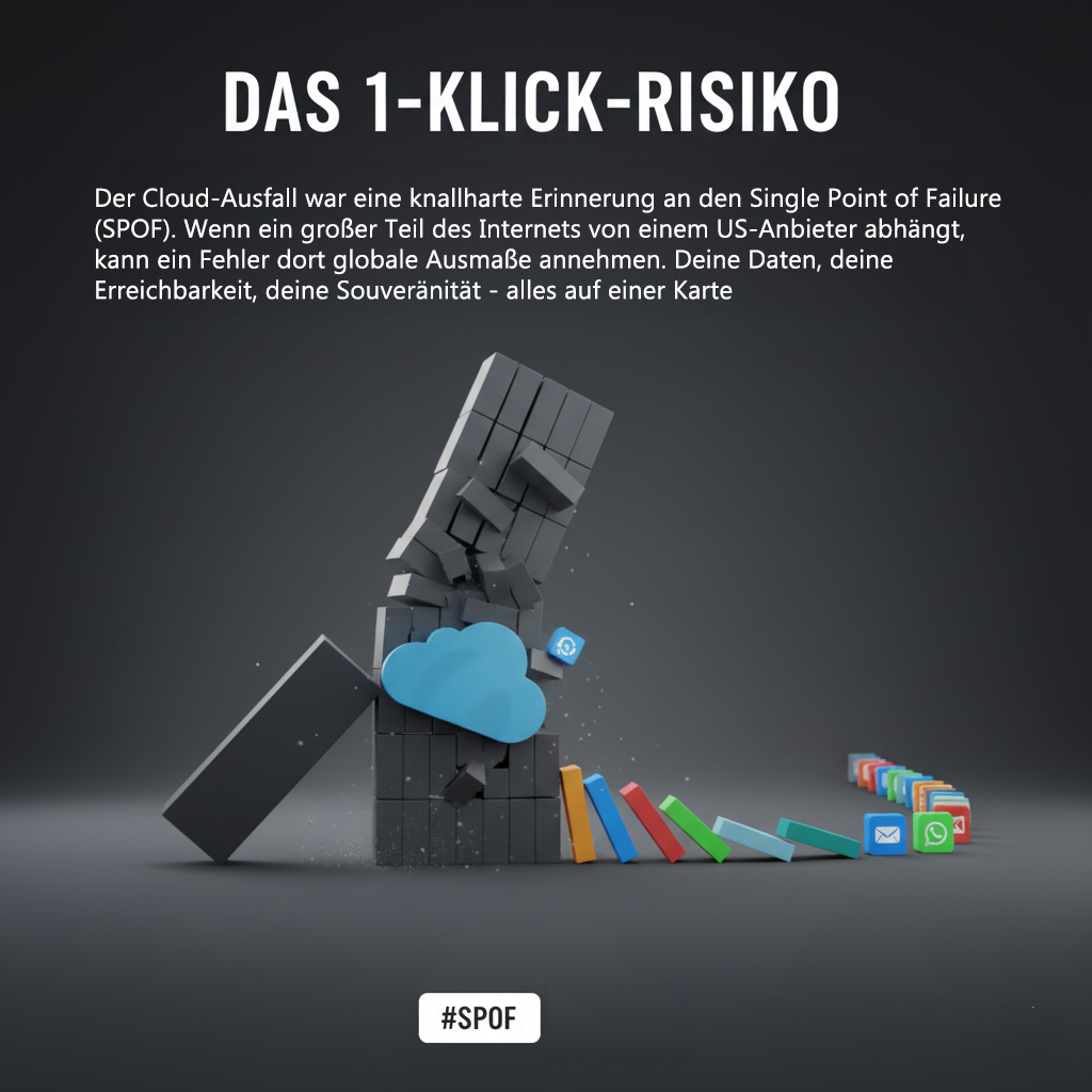Wir reden vom 1-Klick-Risiko: Wenn ein großer Teil des Internets von einem US-Hyperscaler abhängt, kann ein einziger Fehler globale Ausmaße annehmen. Deine Daten, deine Erreichbarkeit, deine Souveränität – alles auf einer Karte. Das war ein knallharter Weckruf! Es ist krass, wie viel auf einem Single Point of Failure (SPOF) basiert.