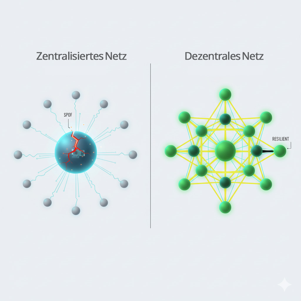 Grafischer Vergleich: Links ein zentrales System mit großem Server und Riss (SPOF) sowie unterbrochenen Verbindungen zu Nutzern. Rechts ein dezentrales Netzwerk aus vielen verbundenen Servern (z.B. Self-Hosting Messenger wie Matrix), die auch bei Ausfall einzelner Knoten robust und resilient bleiben.