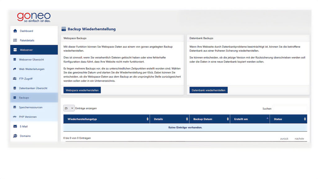 Screenshot des goneo Kundencenters: Auswahl zwischen 'Webspace wiederherstellen' und 'MySQL-Datenbank wiederherstellen' für das Backup-Rückspielen.