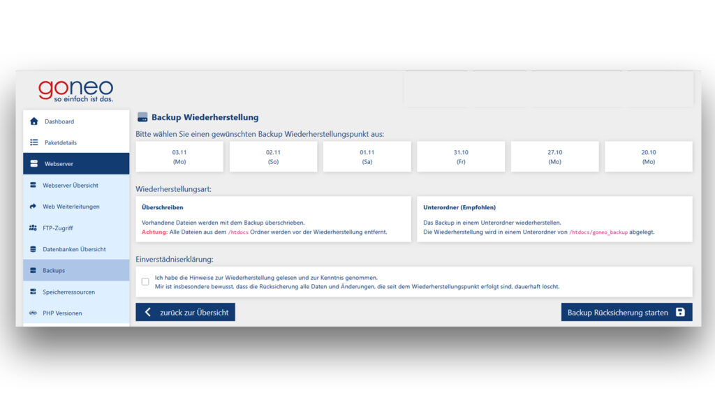 Screenshot der goneo Webspace-Wiederherstellung: Ansicht zur Auswahl des gewünschten Backup-Datums und der Uhrzeit für das Rückspielen der Dateien.