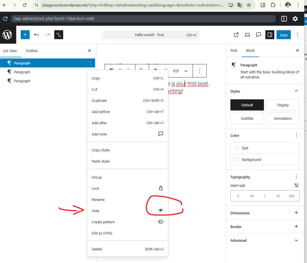 WordPress 6.9 Screenshot der Block-Sichtbarkeits-Funktion (Block Visibility) im Gutenberg Editor, die das Ausblenden von Blöcken im Frontend ermöglicht.