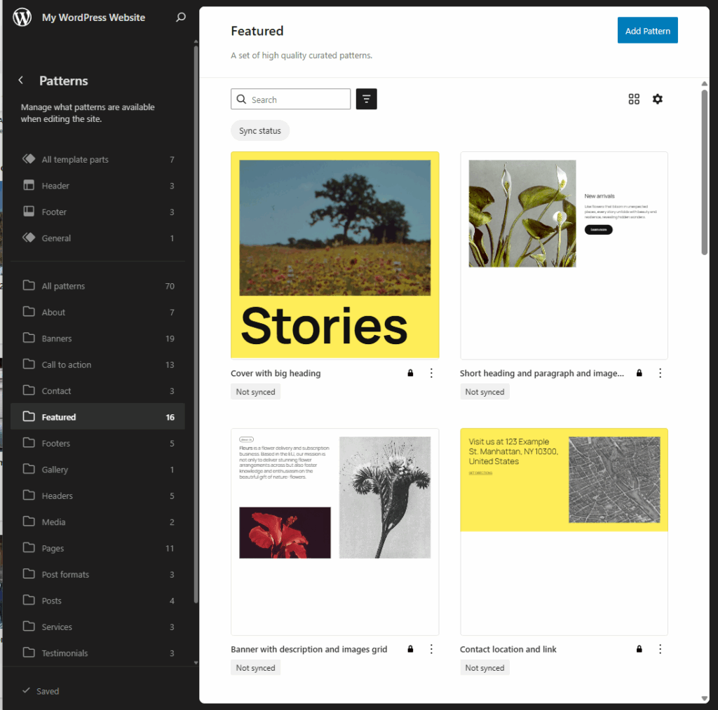 Der Screenshot zeigt die "Patterns"-Verwaltung im WordPress Site Editor. Links ist die Navigation mit Kategorien wie "All template parts", "Header", "Footer" und spezifischen Pattern-Kategorien wie "About", "Banners", "Call to action", "Featured" (aktuell ausgewählt) zu sehen. Der Hauptbereich zeigt eine Übersicht von vordefinierten Block-Patterns ("Featured"). Jedes Pattern ist visuell als Miniaturansicht dargestellt (z.B. "Cover with big heading", "Short heading and paragraph and image", "Banner with description and images grid"). Unter jedem Pattern ist der "Sync status" (z.B. "Not synced") zu erkennen, was auf die Flexibilität bei der Wiederverwendung hinweist. Oben rechts gibt es einen "Add Pattern"-Button.