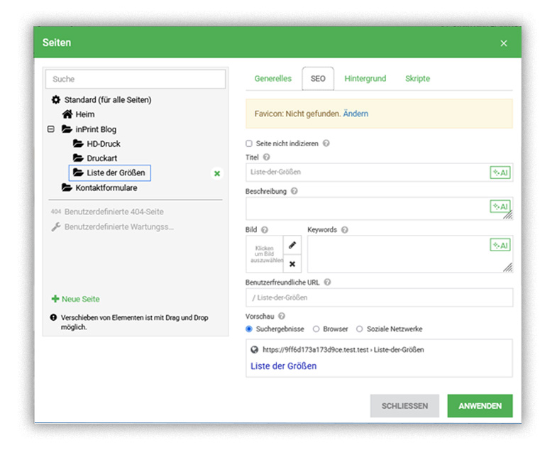 Screenshot aus goneo easyPage (site.pro Website Builder). Hier kannst du Metatags wie Title, Description und Keywords einfach definieren ohne im Code etwas ändern zu müssen. 