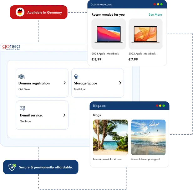 Webhosting-Banner mit Server- und Website-Elementen