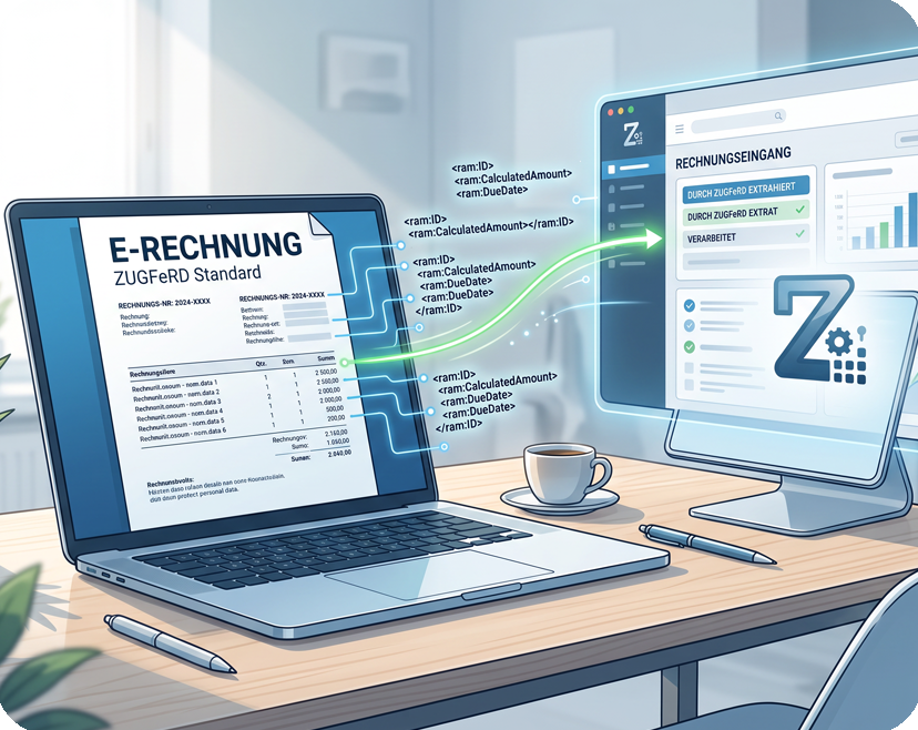 Schematische Darstellung des ZUGFeRD-Standards: Eine E-Rechnung auf einem Laptop überträgt strukturierte XML-Daten direkt in die automatisierte Rechnungsverarbeitung auf einem Monitor.